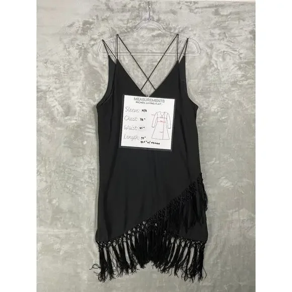 H&M V-Neck Cross Strap Wrap Skirt Fringe Evening Wear Party Dress Black Sz Large - Picture 9 of 9